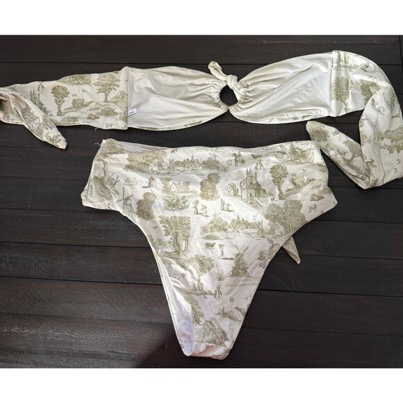 We Wore What Green Toile Bikini Bandeau Top Full Coverge Bottom Medium - Picture 6 of 7